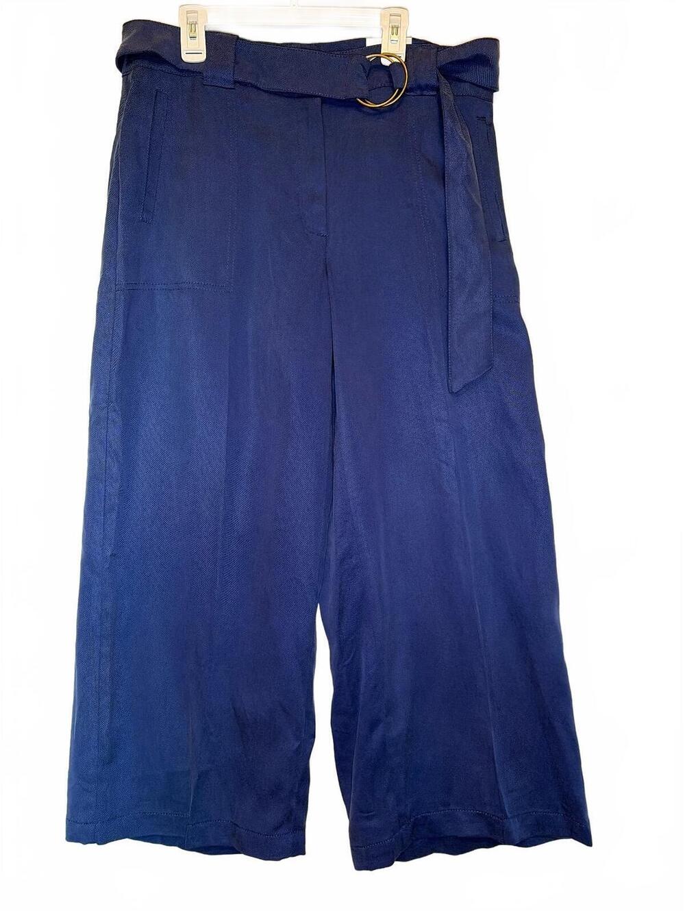 WHBM Wide Leg Crop Pants 10 Deep Marine Blue Lyocell Belted Luxuriously Soft NWT
